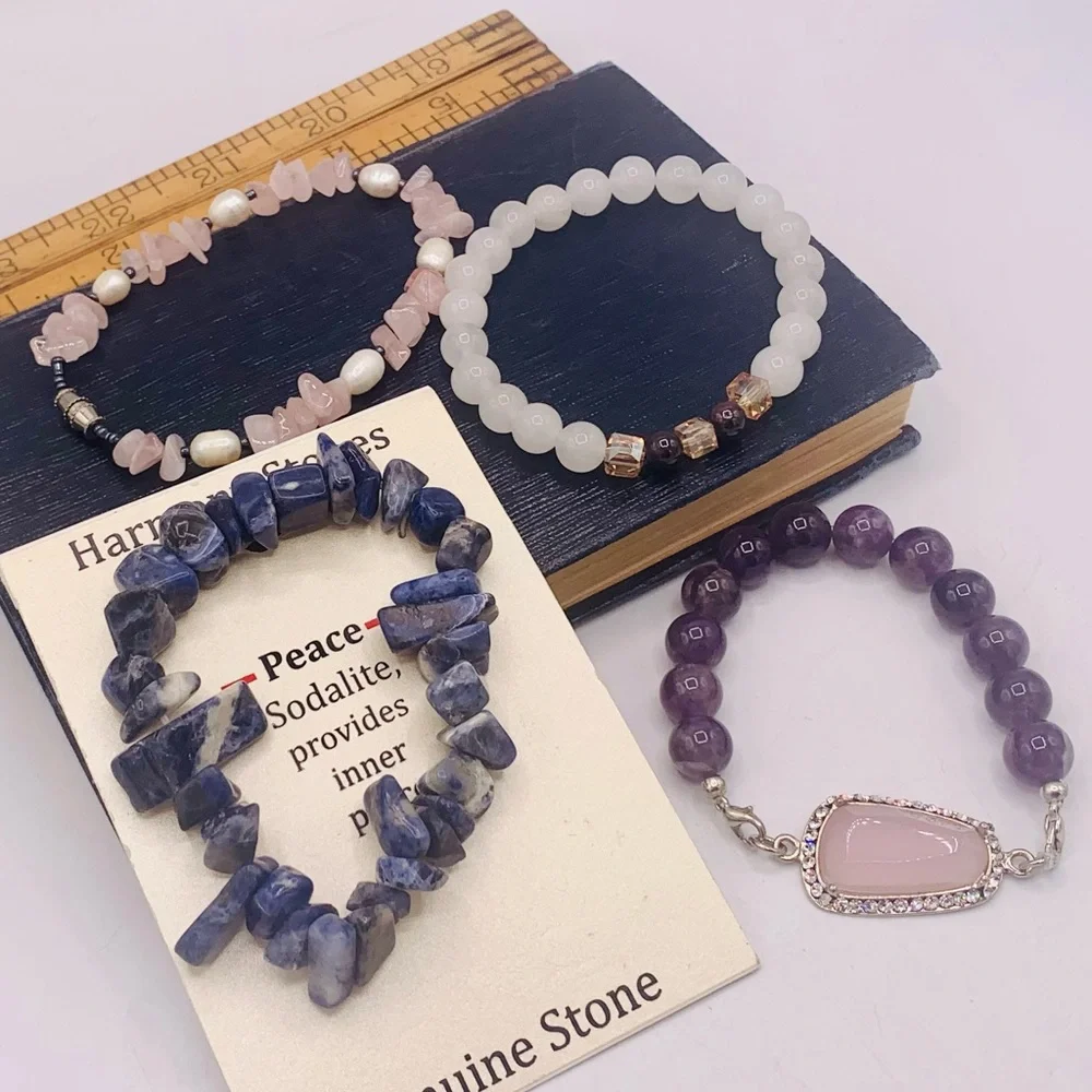 Four gemstone bead bracelets rose quartz amethyst sodalite